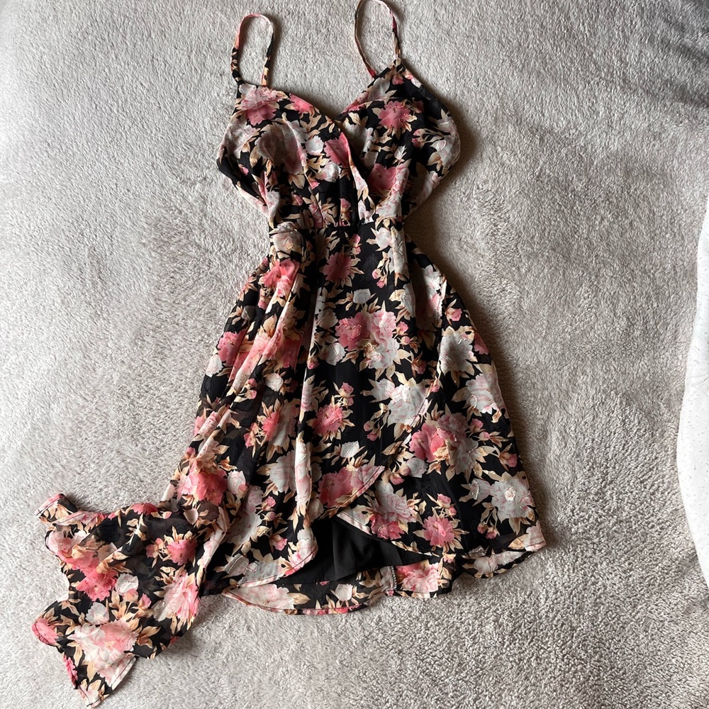 Lulu's Black Dress with Pink & Cream Floral Accents